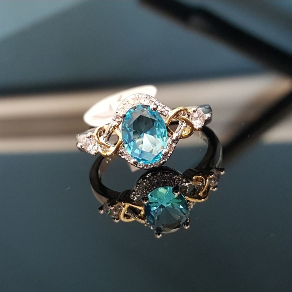 Blue Topaz,  White Topaz n Gold Hearts Ring